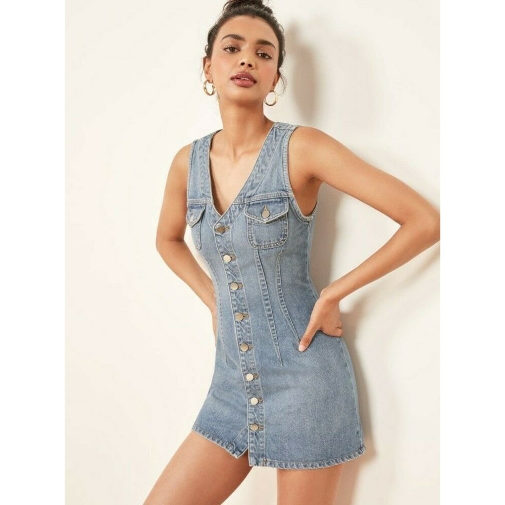Reformation Colby Denim Mini Dress Blue Button Front‎ Sleeveless Size 4